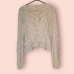 Free People Samifran Stripped Ruffle Crop Top Peach Tie Front Peplum Long Sleeve